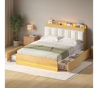 Cama de 140 x 190 cm, estructura doble, cama de metal de 140 x 190 cm con iluminación LED, camas de almacenamiento con 4 cajones, cabecero de madera acolchado con espacio, Blanco + Naturaleza