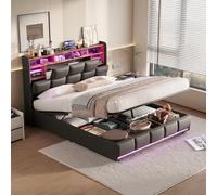 Cama de 140 x 190 LED y USB, cama doble con almacenamiento debajo de camas boxspring maletero para adultos, cama acolchada con LED, función de carga y cabecera de cama, marco de cama tapizado, sin