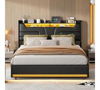 Cama de 140 x 190 LED y USB, cama doble con almacenamiento debajo de camas boxspring maletero para adultos, cama acolchada con LED, función de carga y cabecera de cama, marco de cama tapizado, sin