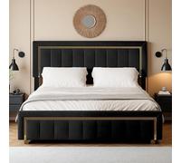 Cama de 140 x 200, cama de 2 plazas con baúl de almacenamiento hidráulico y somier de láminas, cabecero acolchado, camas para 2 personas con almacenamiento para adultos y adolescentes, terciopelo