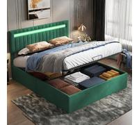 Cama de 140 x 200 cm con almacenamiento, cama de matrimonio acolchada con LED y cabecero ajustable, camas hidráulicas con somier de láminas, cama baúl para 2 personas, terciopelo, sin colchón (verde