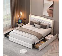 Cama de 140 x 200 cm con cajón de almacenamiento, marco de cama acolchado con led y toma Puerto USB cama doble con cajones y cabecera de cama con lamas para adultos para 2 personas, sin colchón
