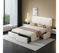 Cama de 140 x 200 cm con cajones, cama de 2 personas moderna con 4 cajones, marco de cama con somier de láminas, cama LED para adultos, color blanco