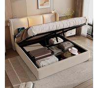 Cama de 140 x 200 cm con lámpara de lectura y USB, cama tapizada de 140 x 200 cm con espacio de almacenamiento y cabecero, cama doble con cajón y función de carga y somier, cama de almacenamiento