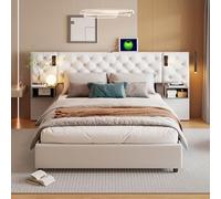 Cama de 140 x 200 cm, con lámpara de lectura y USB, camas dobles con mesitas de noche, cama acolchada con función de almacenamiento, camas adultas con lamas de terciopelo blanco roto (blanco roto, 140
