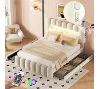 Cama de 140 x 200 cm Con LED, USB y Altavoz Bluetooth - 4 Cajones, Cabecero Ajustable, Somier de Láminas Con Función de Carga - Juvenil