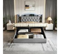 Cama de 140 x 200 cm con LED y Puerto USB, Canape 140x200 con Almacenamiento Hidráulico y Estantes Abiertos, Cama Tapizada Doble 140x200cm con Somier de Láminas Cama Matrimonio 140x200 para Adultos