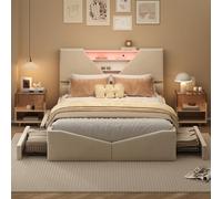 Cama de 140 x 200 cm con puertos USB e iluminación LED, cama doble acolchada con somier de láminas y 4 cajones, cabecero acolchado con almacenamiento, terciopelo, sin colchón (Beige/D, 140 x 200 cm)