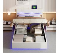 Cama de 140 x 200 cm con somier con LED, cama tapizada con almacenamiento de cama, maletero hidráulico con somier de madera y camas dobles acolchadas, 140 x 200 cm, para adultos de poliuretano (beige