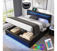 Cama de 140 x 200 cm con somier LED y USB, baúl de almacenamiento y cabecera, doble con listones para 2 personas, tapizado (sin colchón)