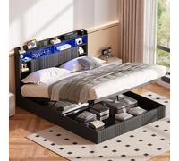 Cama de 140 x 200 cm con somier LED y USB, cama doble acolchada de 140 x 200 cm con cabecera de almacenamiento, cama hidráulica marco de cama tapizada para adultos y adolescentes (Gris-A, 140 x 200)