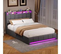 Cama de 140 x 200 cm con somier LED y USB, camas dobles acolchadas con almacenamiento de cama hidráulica con somier de láminas, camas tapizadas con baúl de cama para adultos y Ado(Gris-5, 140 x 200)