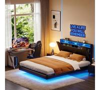 Cama de 140 x 200 cm, estructura de cama suspendida con luces LED y estación de carga USB, cama doble, estructura de cama con somier de láminas, somier de láminas para adultos, adolescentes