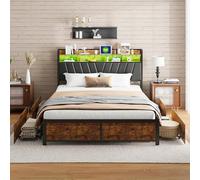 Cama de 140 x 200 con almacenamiento, cama led de hierro de madera, 4 cajones, cama de 2 personas, casquillo USB, satisface todas las necesidades básicas, material para dormir, almacenamiento