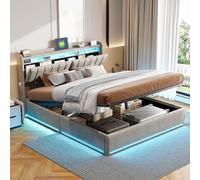 Cama de 140 x 200 con LED y puertos USB, camas de 140 x 200 con somier de maletero, camas dobles acolchadas con almacenamiento hidráulico cama para adultos con somier de listones con cabecera de cama