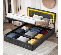 Cama de 140 x 200 con somier LED, cama doble acolchada con almacenamiento de cama tapizada con maletero de 140 x 200 cm con somier de láminas, camas para adultos y adolescentes de terciopelo (negro-B