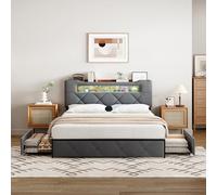 Cama de 140 x 200, LED camas dobles, USB con almacenamiento de 4 cajones, cama acolchada, es perfecta para crear ambiente romántico, acogedor, inspirado en calmante sueño (colchón no incluido) (gris