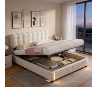 Cama de 160 x 200 cm, cabecera de terciopelo de 9 cm de grosor, con luz LED con sensor inteligente, cama doble acolchada, cama con somier de láminas, beige, terciopelo (160 x 200 cm)