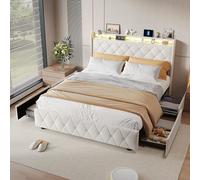 Cama de 160 x 200 cm, con iluminación LED y USB, 4 cajones, cama acolchada doble con almacenamiento y cabecera de cama, camas para 2 personas, marco de cama tapizado con somier de láminas, franela