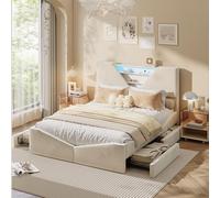 Cama de 160 x 200 cm con puertos USB e iluminación LED, cama doble acolchada con somier de láminas y 4 cajones, cabecero acolchado con almacenamiento, terciopelo, sin colchón (Beige/D, 160 x 200 cm)
