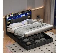Cama de 160 x 200 cm con somier LED y USB, cama doble acolchada de 160 x 200 cm con cabecera de almacenamiento, cama hidráulica marco de cama tapizada para adultos y adolescentes (Gris-A, 160 x 200)