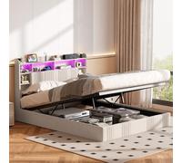 Cama de 160 x 200 cm con somier LED y USB, cama doble acolchada de 160 x 200 cm con cabecera de almacenamiento, cama hidráulica marco de cama tapizada para adultos y adolescentes (Beige-A, 160 x 200)