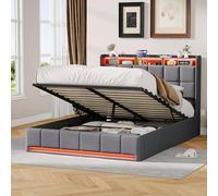 Cama de 160 x 200 cm con somier LED y USB, camas dobles acolchadas con almacenamiento de cama hidráulica con somier de láminas, camas tapizadas con baúl de cama para adultos y adolescentes (Gris-C