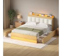 Cama de 160 x 200 cm, estructura doble, cama de metal de 160 x 200 cm con iluminación LED, camas de almacenamiento con 4 cajones, cabecero de madera acolchado con espacio, Blanco + Naturaleza