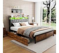 Cama de 160 x 200 con almacenamiento, cama led de madera hierro 4 cajones, cama de 2 personas USB, casquillo para todas las necesidades básicas, material para dormir, almacenamiento, iluminación