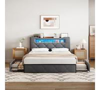 Cama de 160 x 200, LED camas dobles, USB con almacenamiento de 4 cajones, cama acolchada, es perfecta para crear ambiente romántico, acogedor, inspirado en calmante sueño (colchón no incluido) (gris