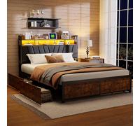 Cama de 180 x 200 con almacenamiento, cama led de madera hierro 4 cajones, cama de 2 personas USB, casquillo para todas las necesidades básicas, material para dormir, almacenamiento, iluminación