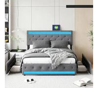 Cama de 180x200 con somier, canapé con 4 cajones, iluminación LED y puerto USB, cabecero acolchado regulable en altura, cama doble para adultos y adolescentes, colchón no incluido, ropa de cama