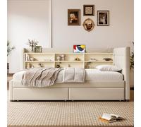 Cama de 90 x 200 cm con almacenamiento y carga USB, sofá cama con 2 cajones, múltiples bandejas, base inclinada, tejido de lino, (mate no incluido) (beige)