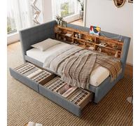 Cama de 90 x 200 cm con almacenamiento y carga USB, sofá cama con 2 cortinas, múltiples bandejas, base inclinada, tejido de lino, (mate no incluido) (gris)