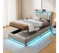 Cama de 90 x 200 cm, con baúl de almacenamiento, cama individual con somier de iluminación LED y múltiple, cabecera de camas con estantes abiertos y ocultos de almacenamiento, marco de camas para