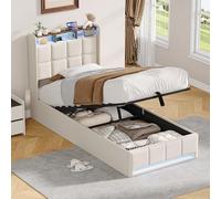 Cama de 90 x 200 cm con LED y puerto USB/tipo C, cama doble acolchada 90 x 200 con almacenamiento hidráulico y somier, cabecero tapizado con estantes abiertos cama para adultos (Beige-6, 90 x 200)