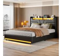 Cama de Almacenamiento de 140 x 200 cm, Cama Doble tapizada con cabecero LED y Carga USB, Cama hidráulica con somier y canapé, Cama Juvenil, Estructura de Cama Moderna, PU, Negra, sin colchón