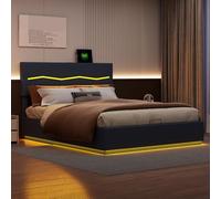 Cama de almacenamiento elevable, cama 140 x 200, cama doble con almacenamiento, camas acolchadas con LED, camas hidráulicas adultos, puerto de carga USB, cabecero ajustable, PU (negro, 140 cm)