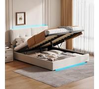 Cama de almacenamiento hidráulico de 140 x 200 cm, con LED, tapizada con espacio de almacenamiento, cama juvenil con bolsillos laterales, cama funcional con somier, sin colchón, beige, terciopelo (140