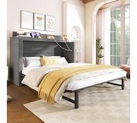 Cama de Armario de Lino, Cama Abatible con USB y Cajón, Gris, 140x200 cm