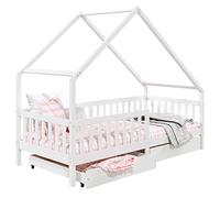 Cama de casa ALVA de madera maciza de pino, color blanco - Cuna infantil con techo, cama tipi con cajones, cama para habitación infantil, cama Montessori, ideal para techos inclinados