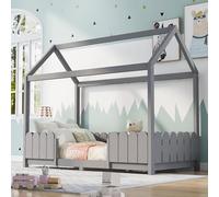 Cama de casa de 90 x 200 cm con protección anticaída y somier de láminas, cuna de madera gris para niños y niñas, cama de juegos para habitación infantil, cama de madera versátil, sin colchón (gris +