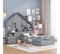 Cama de casa de tamaño individual con ventana y cajones de noche, marco de cama de plataforma moderna con estantes y un juego de enchufes y puerto USB, fácil montaje, no necesita somier (gris
