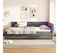 Cama de día, 140 x 200 cm, lino, gris, sofá cama, compartimento de almacenamiento junto a la cama, cama con cama extensible, cama con somier (sin colchón)