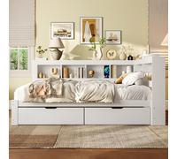 Cama de día, 140 x 200 cm, sofá cama, cama con dos cajones, con enchufe y 2 puertos USB, cama con somier (sin colchón), tablero de partículas, blanco (B, 140 x 200 cm)