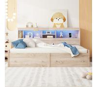 Cama de día, 90*200cm, sofá cama, mesita de noche, cama con 2 puertos USB y 2 puertos de carga, iluminación ambiental, cama con dos cajones, cama con somier (sin colchón), aglomerado, natural