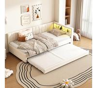 Cama de día, 90 x 200 cm, cama de día, sofá cama, compartimento de almacenamiento en la cama, USB+tipo C, mando a distancia para luz ambiental LED, cama con somier de láminas (sin colchón), lino (beis