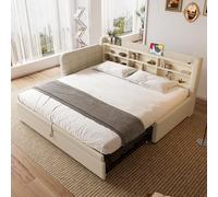 Cama de día 90 x 200 cm, cama nido multifuncional, diseño de cama nido con USB + tipo C, múltiples estantes, cama con somier (sin colchón), lino (beige con cama abatible)