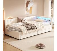 Cama de día, 90 x 200 cm, sofá cama, compartimento de almacenamiento en la cama, USB+tipo C, mando a distancia para luz ambiental LED, cama con dos cajones, cama con somier (sin colchón), lino (beige)