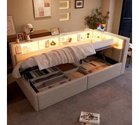 Cama de día, sofá cama, 90 × 200 cm, USB + conectores tipo C, función de almacenamiento hidráulico, varios compartimentos de almacenamiento, con tira LED multicolor, sin colchón, lino (beige)